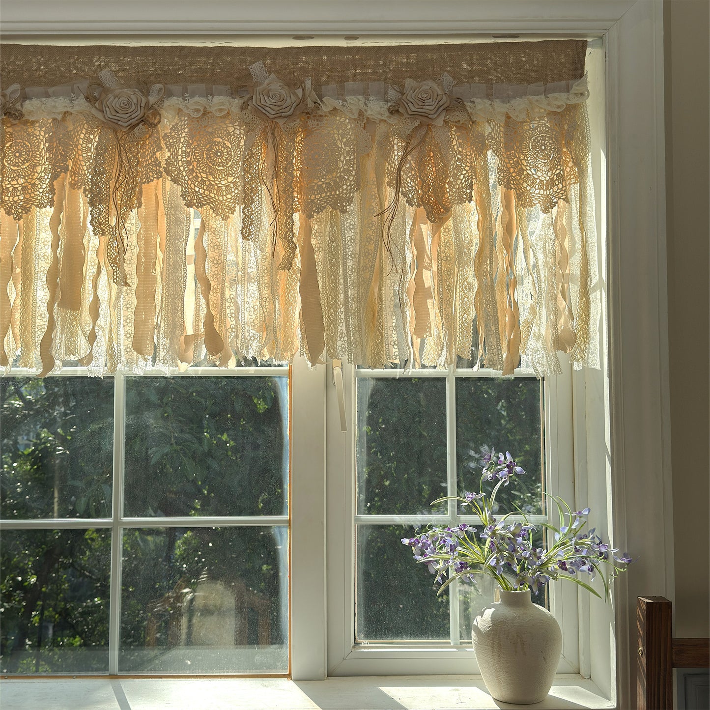 Rustic Burlap Beige Brown Lace Valance
