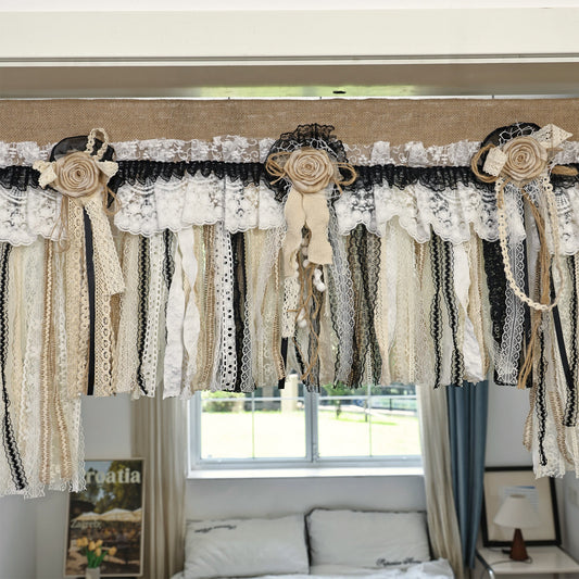 Rustic Unique Burlap Beige Black Lace Swag Window Curtains Valance