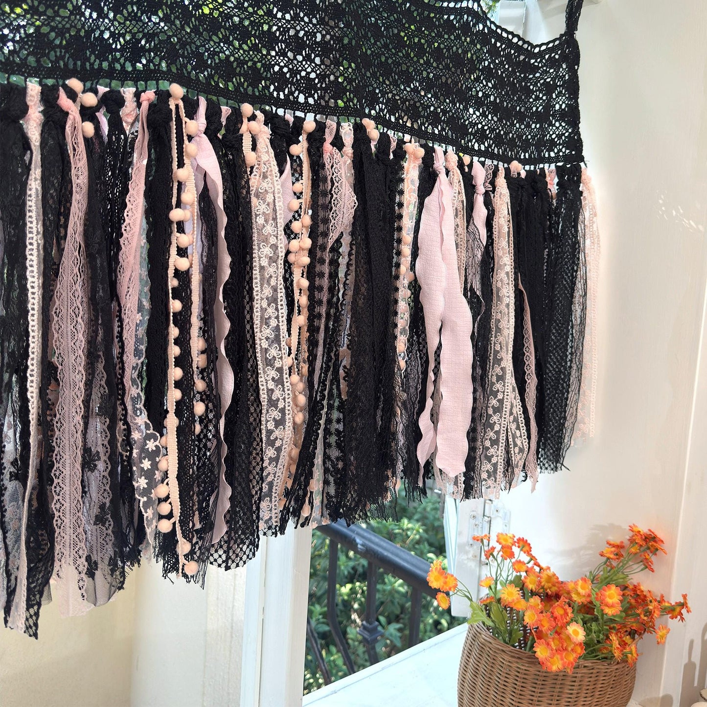 Black & Pink Gothic Boho Tie - Top Window Privacy Curtain - UDreamHome
