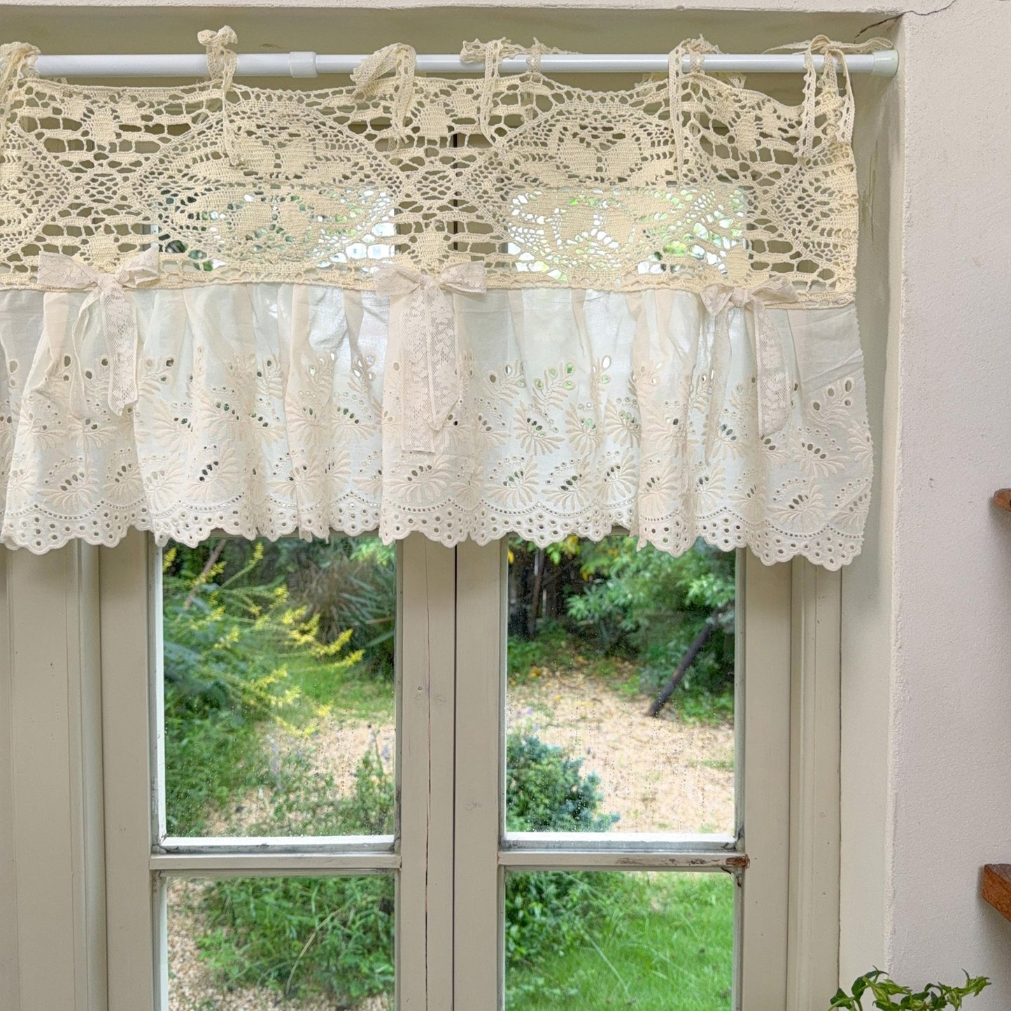 Boho Crochet Header & Ruffled Lace Tie-Top Valance - UDreamHome