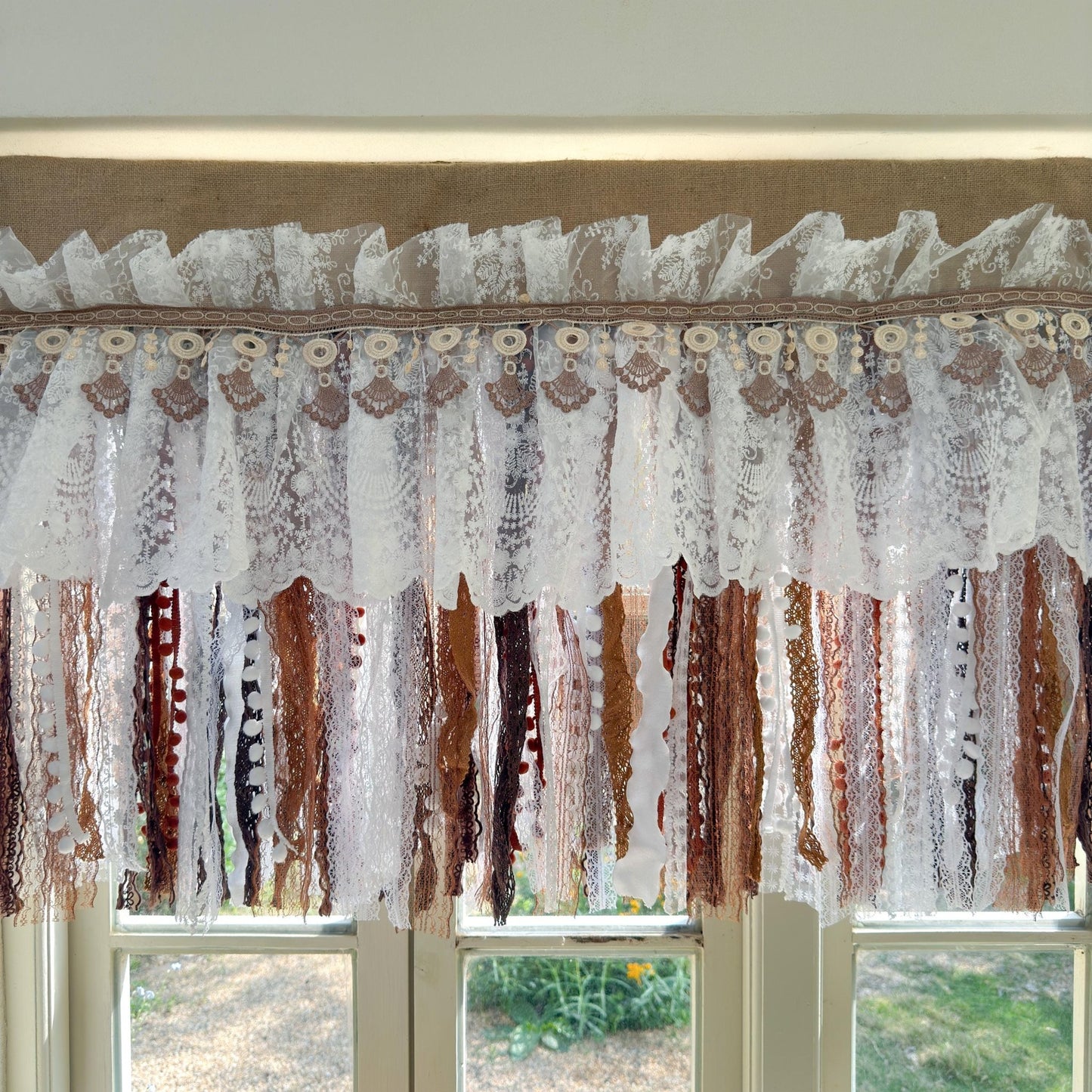 Burlap White Coffee Brown Lace Bedroom Valance - UDreamHome