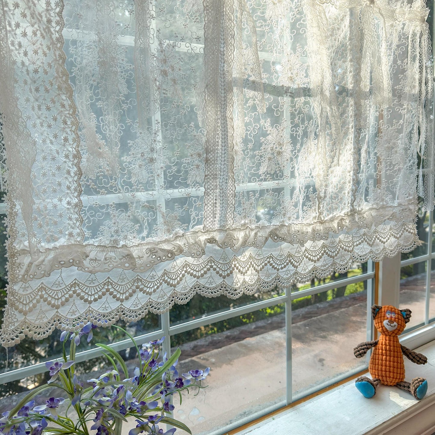 Mediterranean Beach Shabby Chic White Farmhouse Lace Curtain Valance, Backdrop Decor, Embroidery Floral Patchwork Curtain, H-25in (65cm)