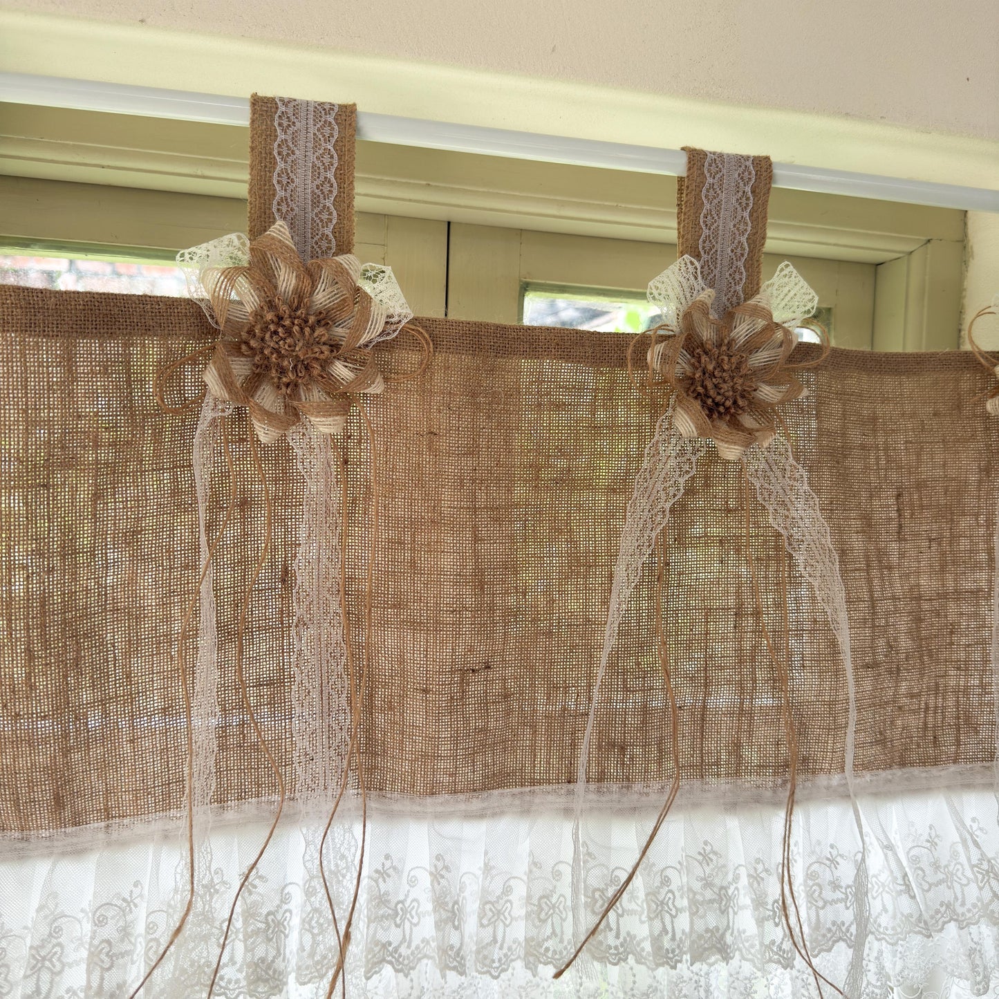 Rustic Cottage Farmhouse Burlap Lace Valance Jute Bows, Shabby Chic Window Curtains Topper, White Ruffled Tab Top Valance, H-22inch (55cm)