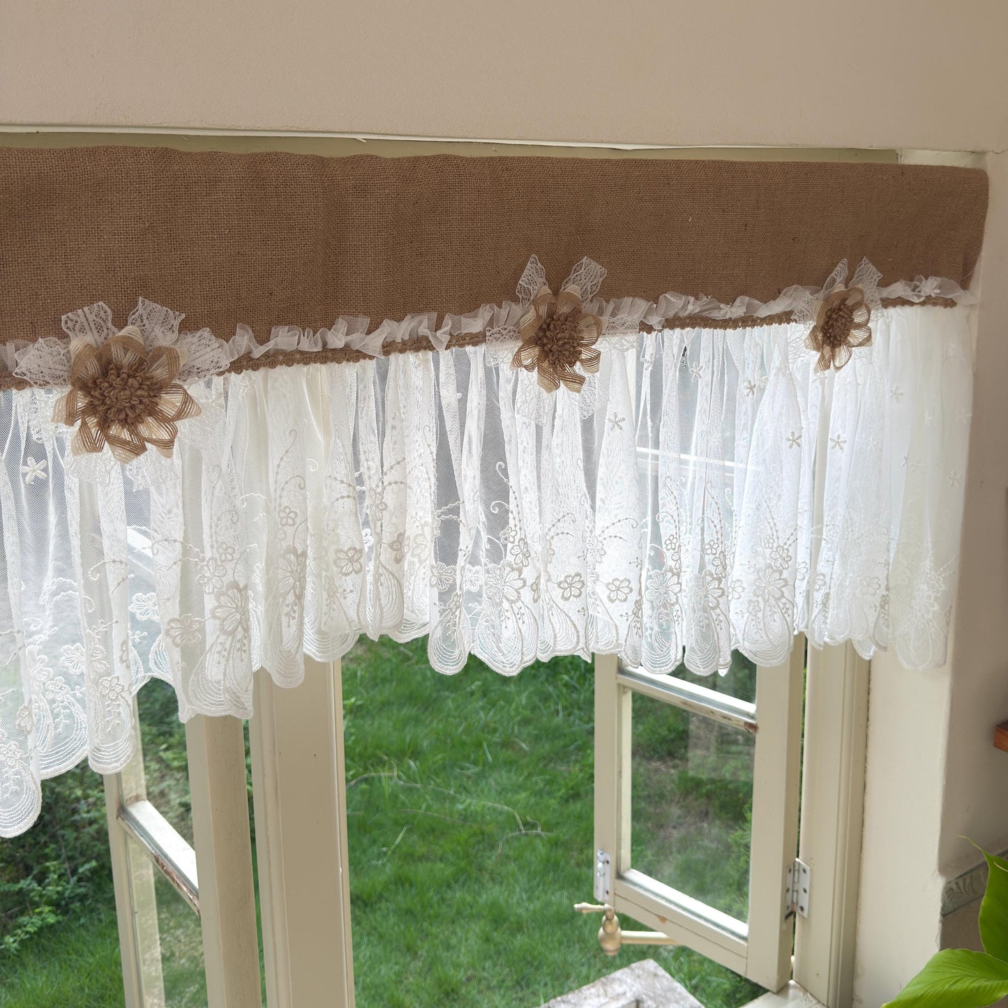 Shabby White Lace Curtain, Rustic Cottage Burlap Embroidered Tulle Window Valance, Farmhouse Kitchen Valance, Cafe Curtai, H-22inch (55cm)