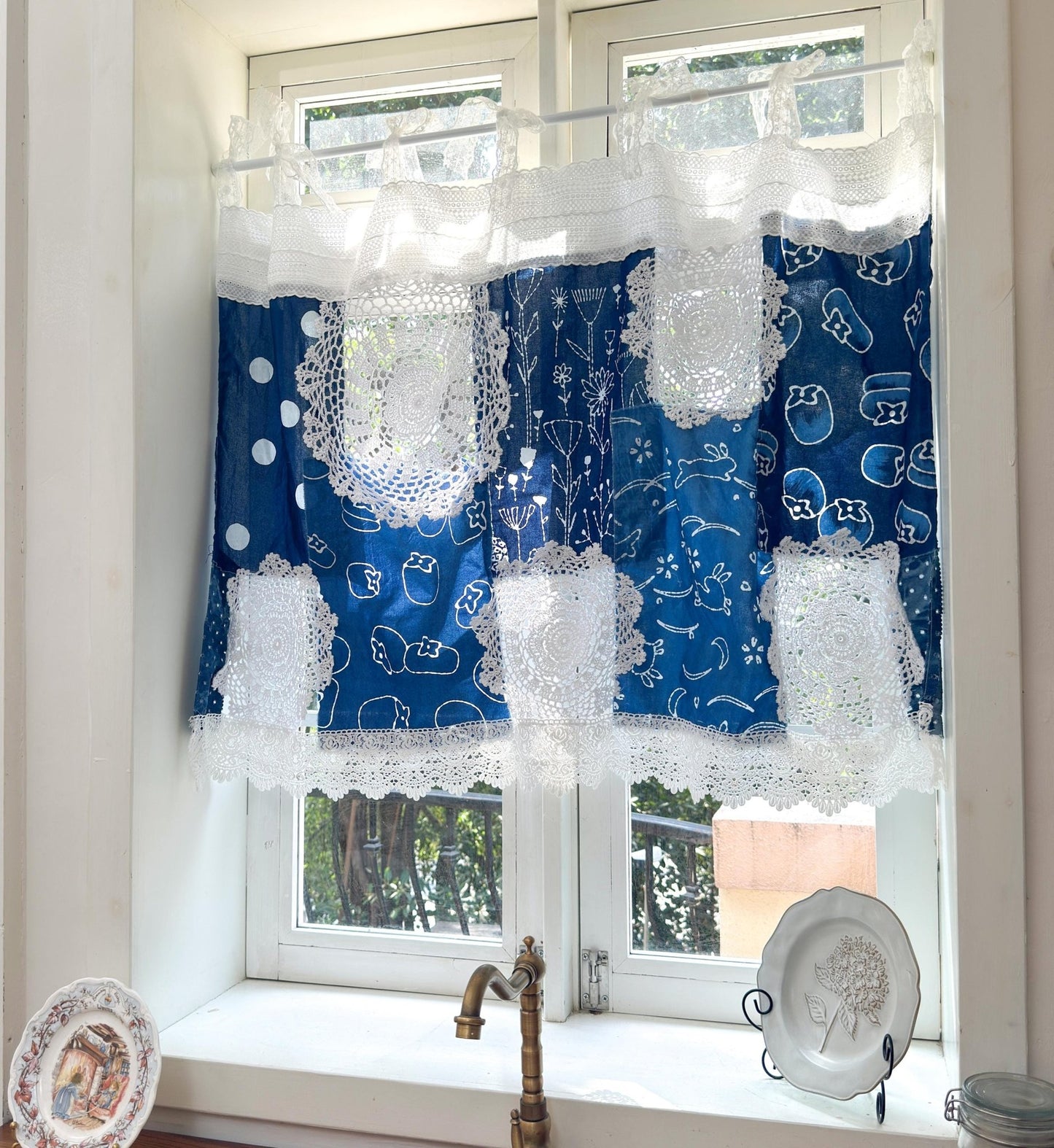 Shabby Chic Tie - dye Blue White Patchwork Lace Curtain - UDreamHome