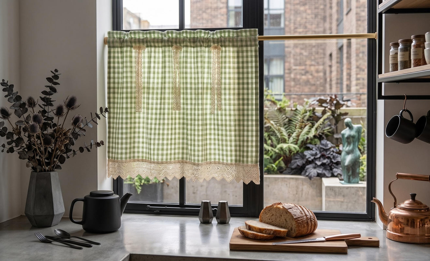 Green Gingham Cafe Curtains Valances with Lace