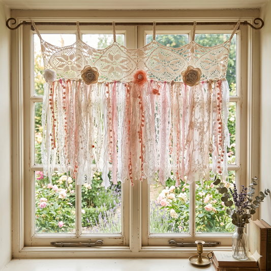 Boho lace ribbon curtain with handmade pink flowers for bedroom decor.