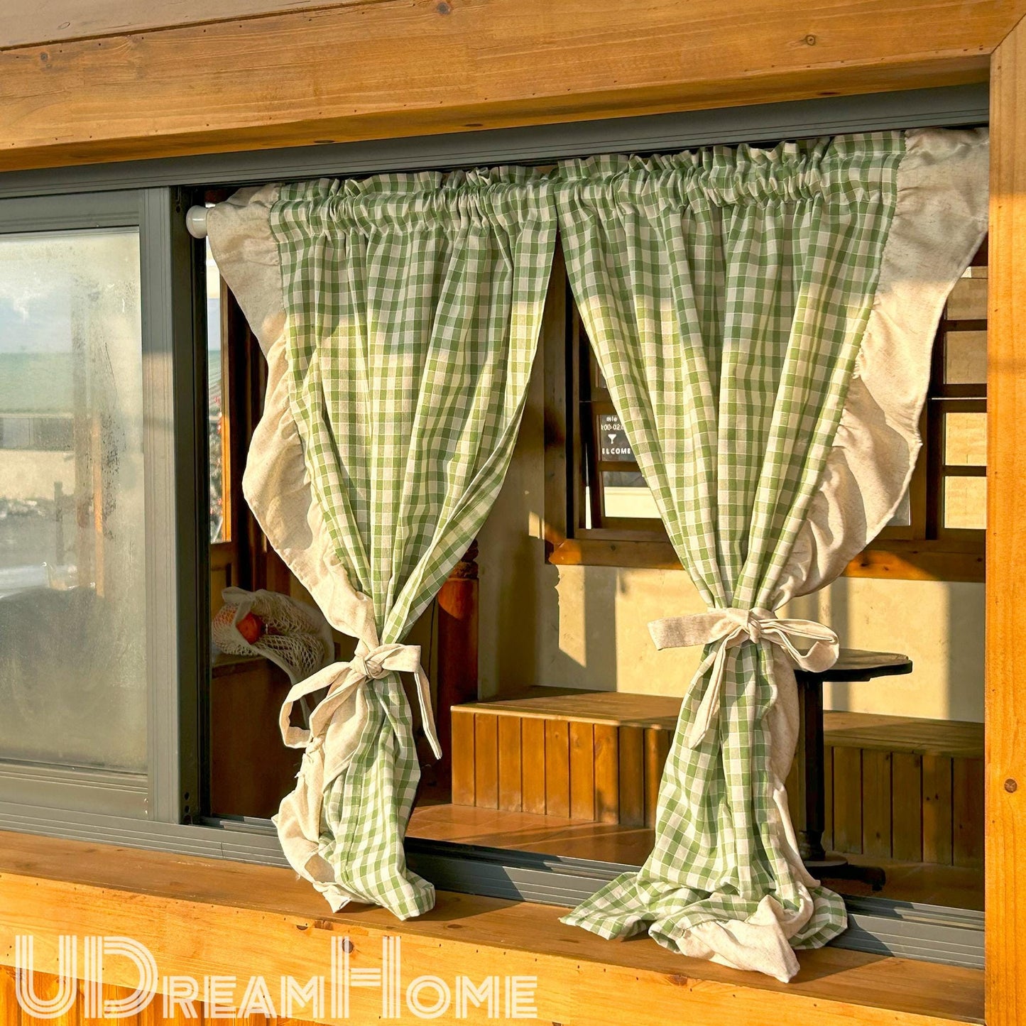 2 Panels Green Gingham Cafe Curtains Valances with Ruffles - UDreamHome