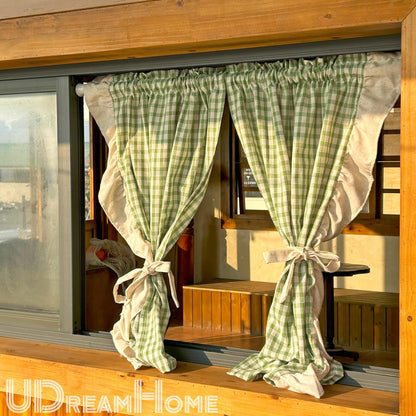 2 Panels Green Gingham Cafe Curtains Valances with Ruffles - UDreamHome