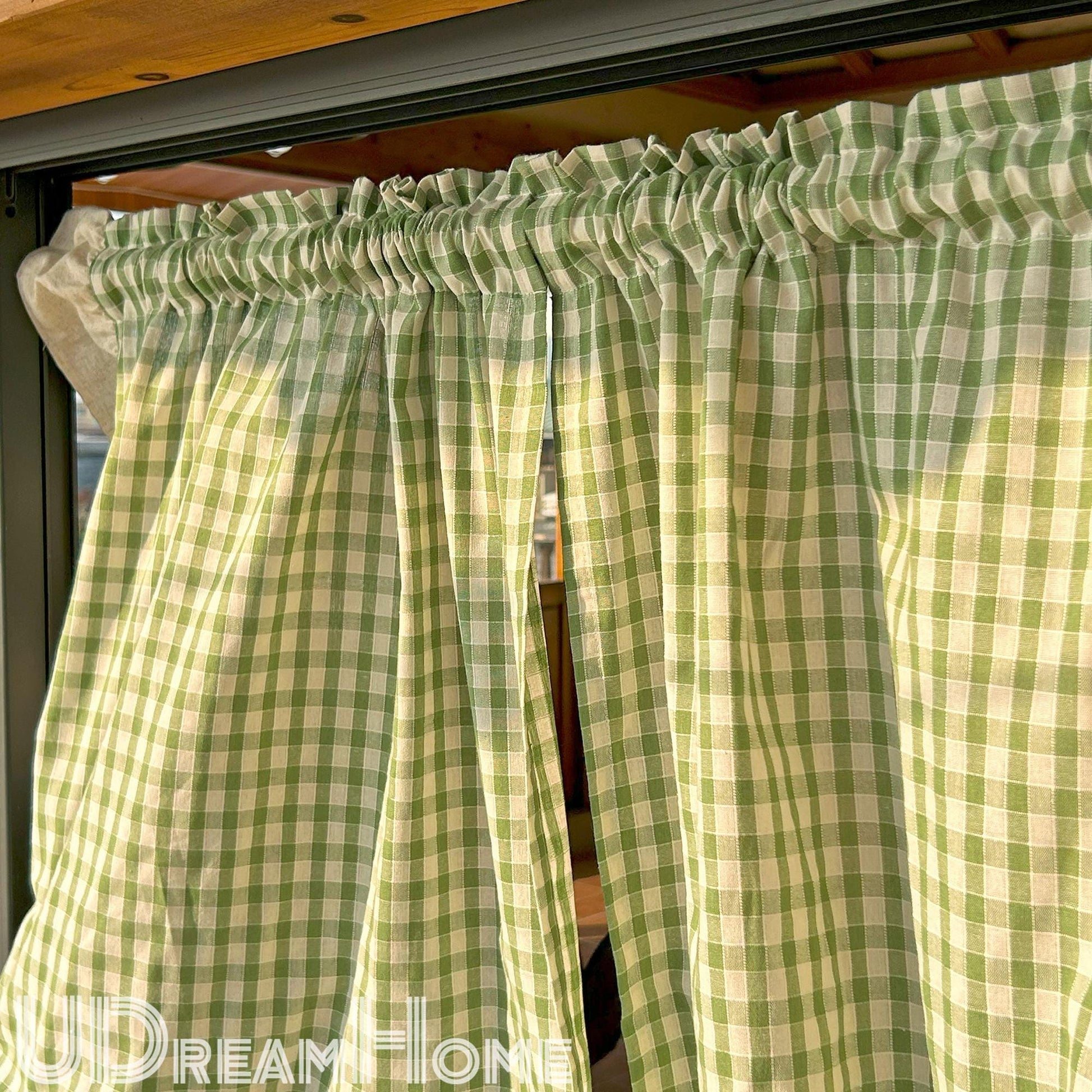 2 Panels Green Gingham Cafe Curtains Valances with Ruffles - UDreamHome
