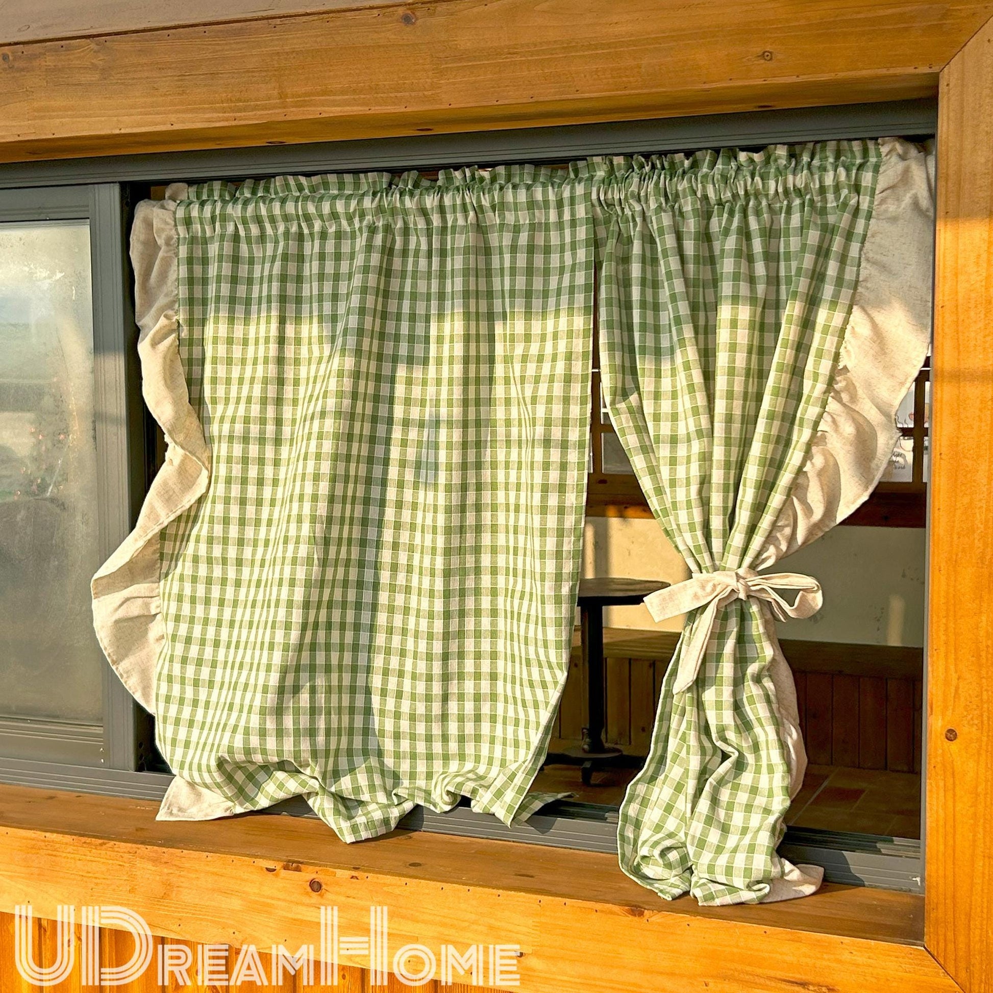 2 Panels Green Gingham Cafe Curtains Valances with Ruffles - UDreamHome