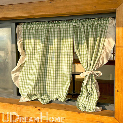 2 Panels Green Gingham Cafe Curtains Valances with Ruffles - UDreamHome