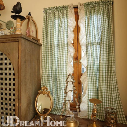 2 Panels Green Gingham Cafe Curtains Valances with Ruffles - UDreamHome