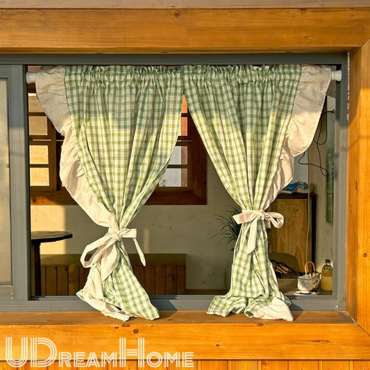 2 Panels Green Gingham Cafe Curtains Valances with Ruffles - UDreamHome