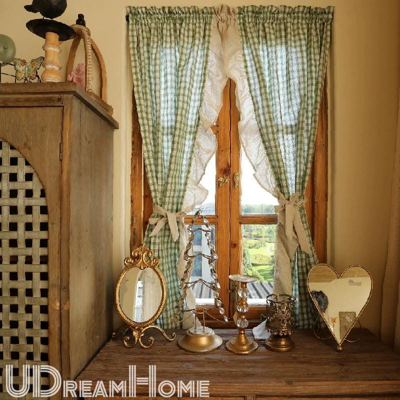 2 Panels Green Gingham Cafe Curtains Valances with Ruffles - UDreamHome