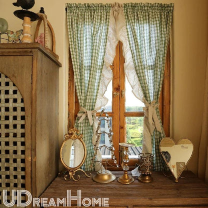 2 Panels Green Gingham Cafe Curtains Valances with Ruffles - UDreamHome