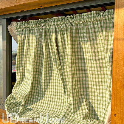 2 Panels Green Gingham Cafe Curtains Valances with Ruffles - UDreamHome