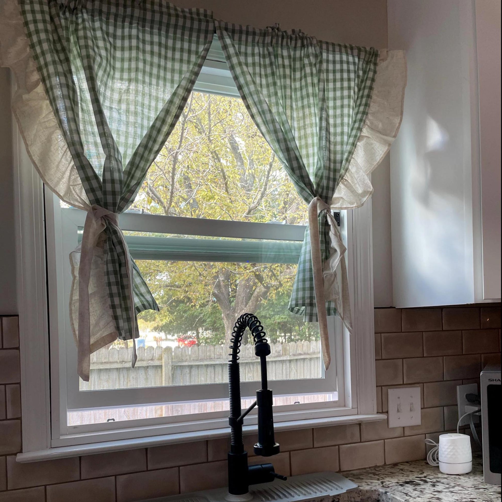 2 Panels Green Gingham Cafe Curtains Valances with Ruffles - UDreamHome