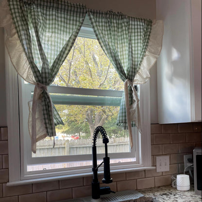 2 Panels Green Gingham Cafe Curtains Valances with Ruffles - UDreamHome