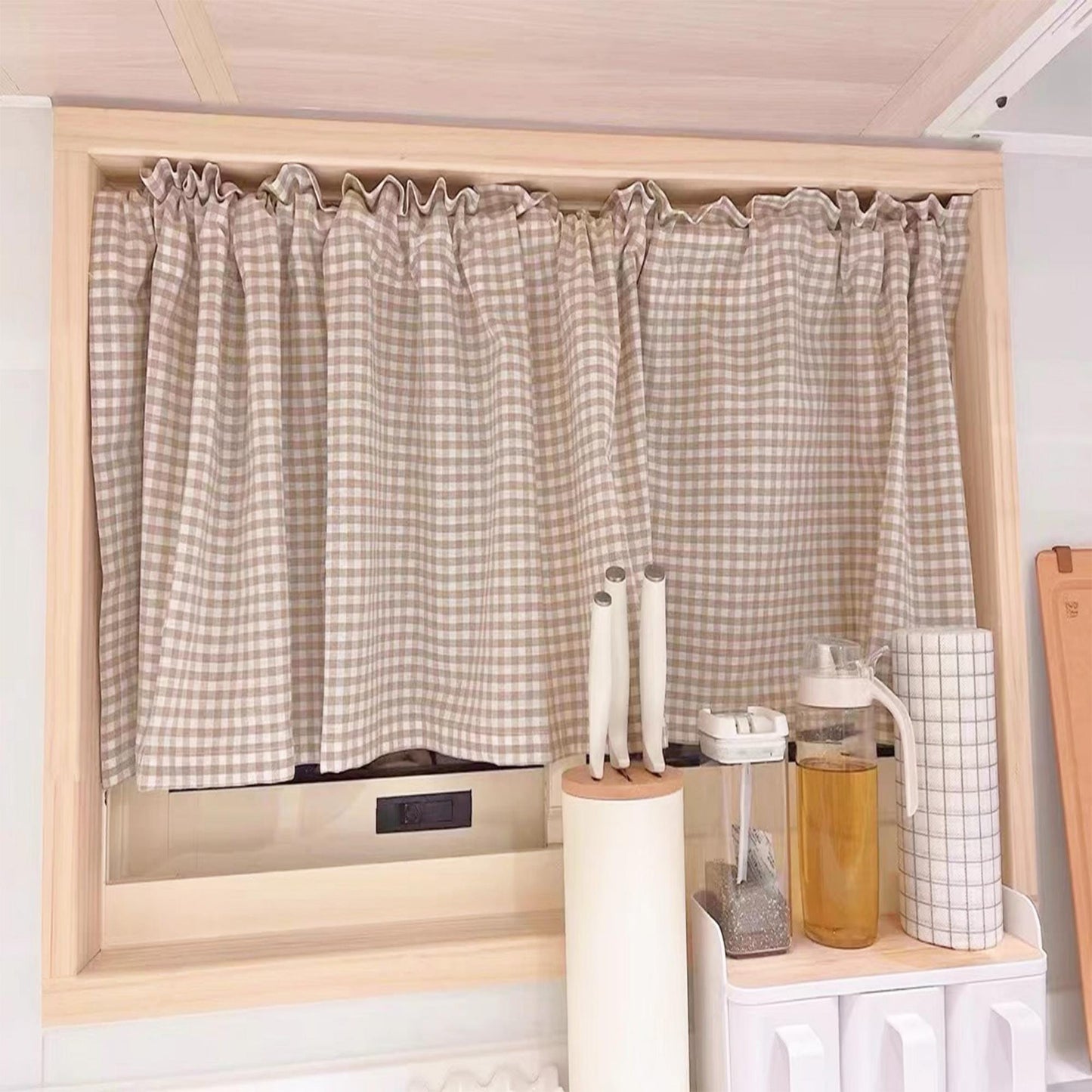2 Panels Plaid Light Brown Gingham Curtain - UDreamHome