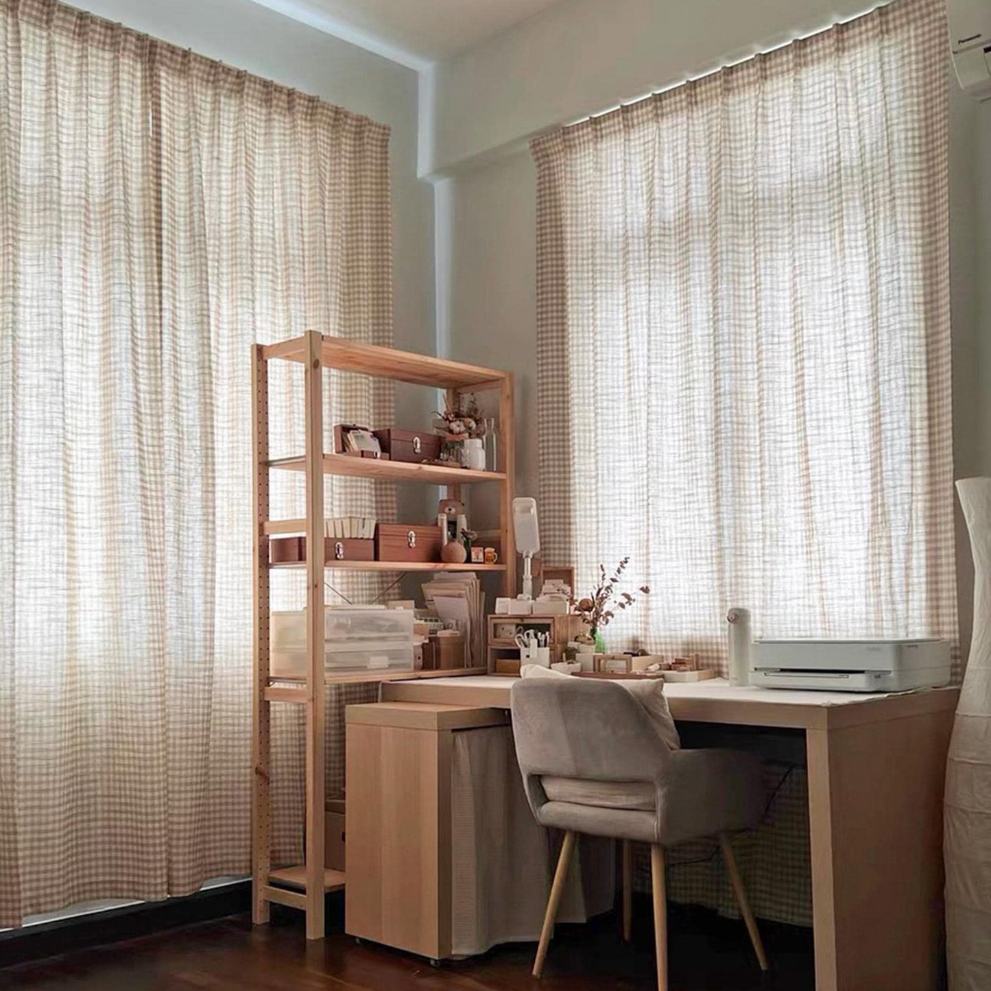 2 Panels Plaid Light Brown Gingham Curtain - UDreamHome