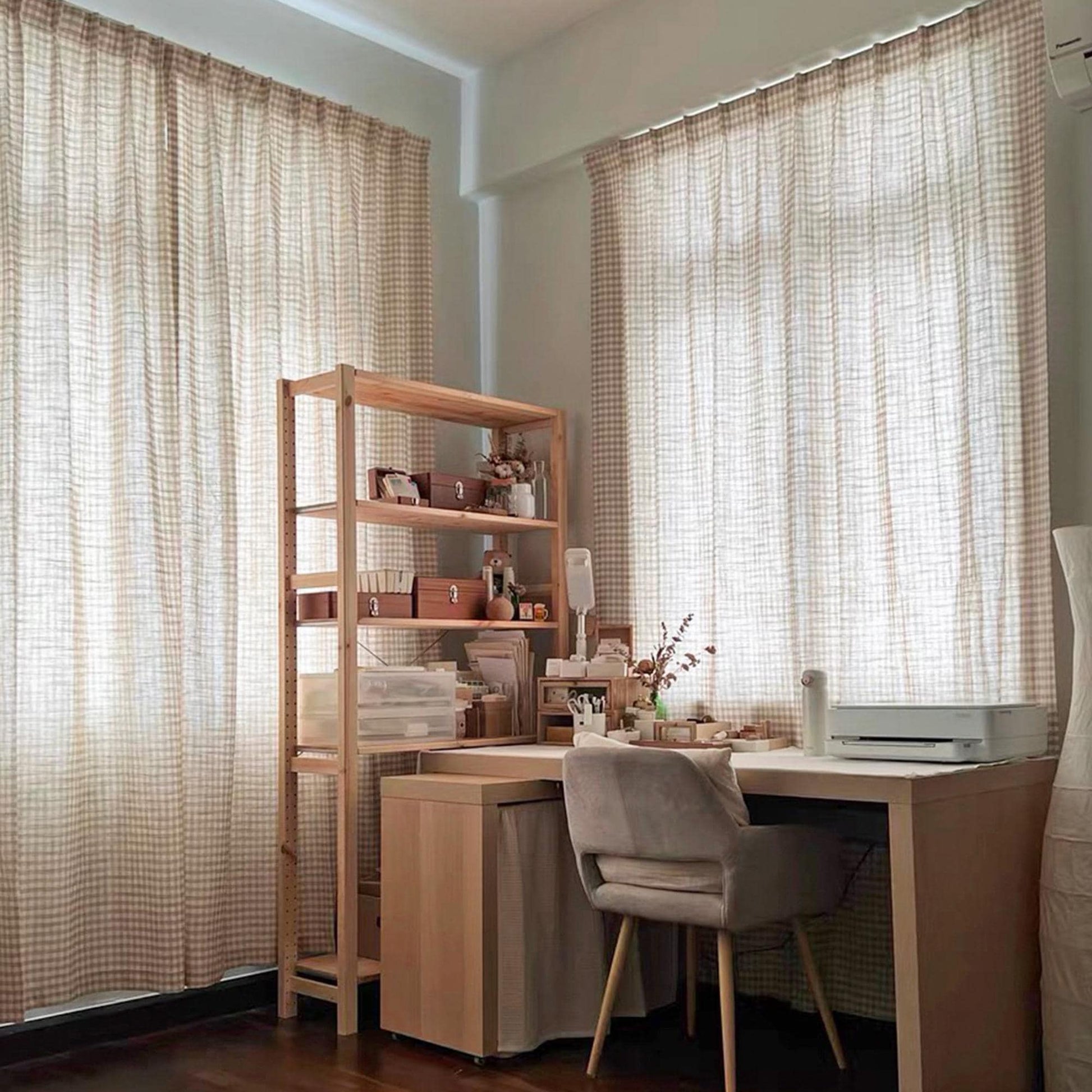2 Panels Plaid Light Brown Gingham Curtain - UDreamHome