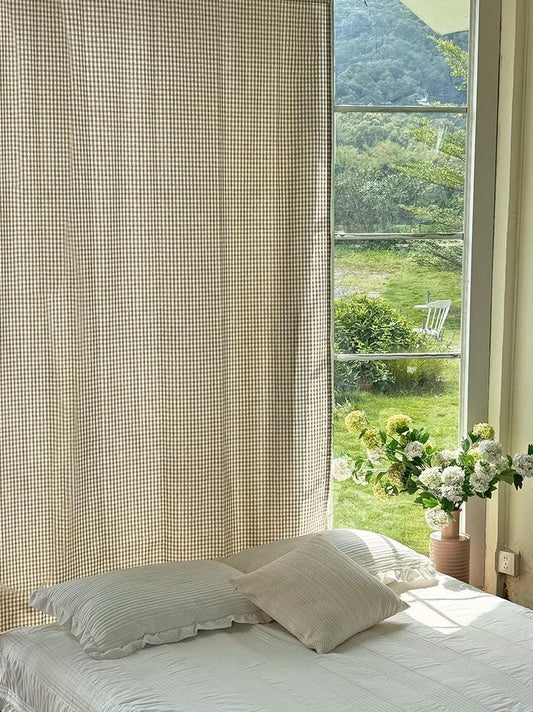 2 Panels Plaid Light Brown Gingham Curtain - UDreamHome