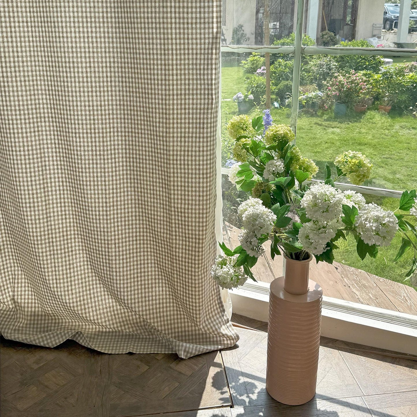 2 Panels Plaid Light Brown Gingham Curtain - UDreamHome