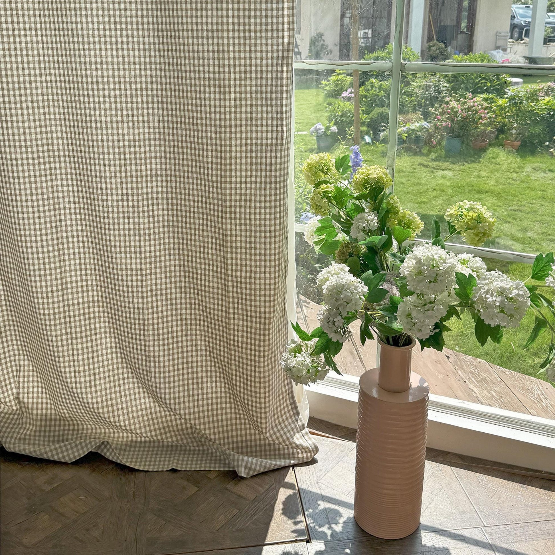 2 Panels Plaid Light Brown Gingham Curtain - UDreamHome