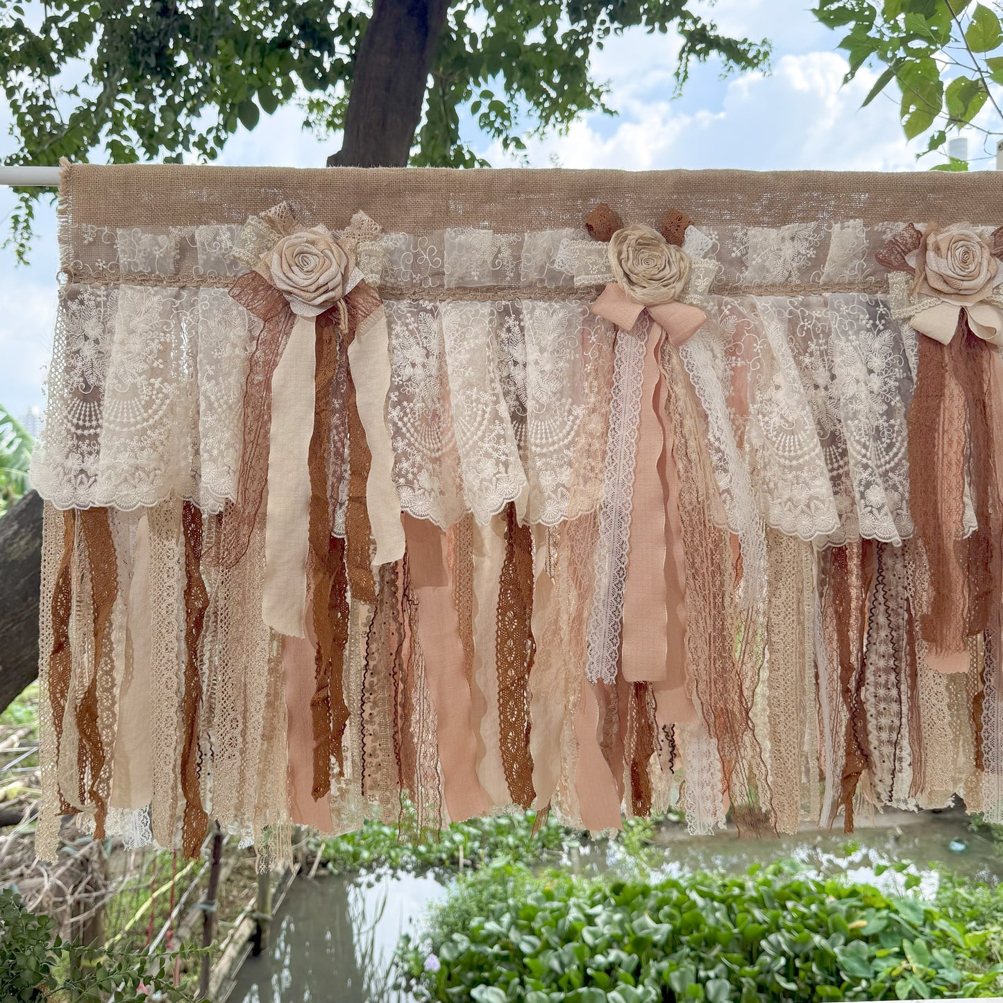 Custom Rustic Unique Burlap Beige Brown Lace Bedroom Curtains Valance