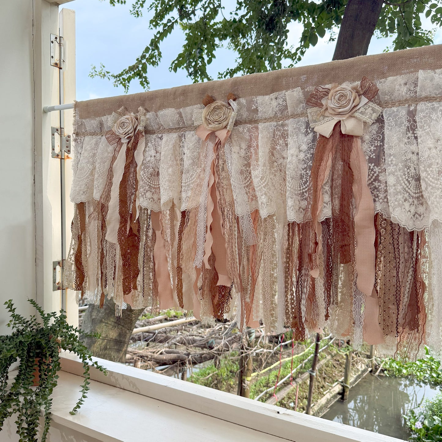 Custom Rustic Unique Burlap Beige Brown Lace Bedroom Curtains Valance