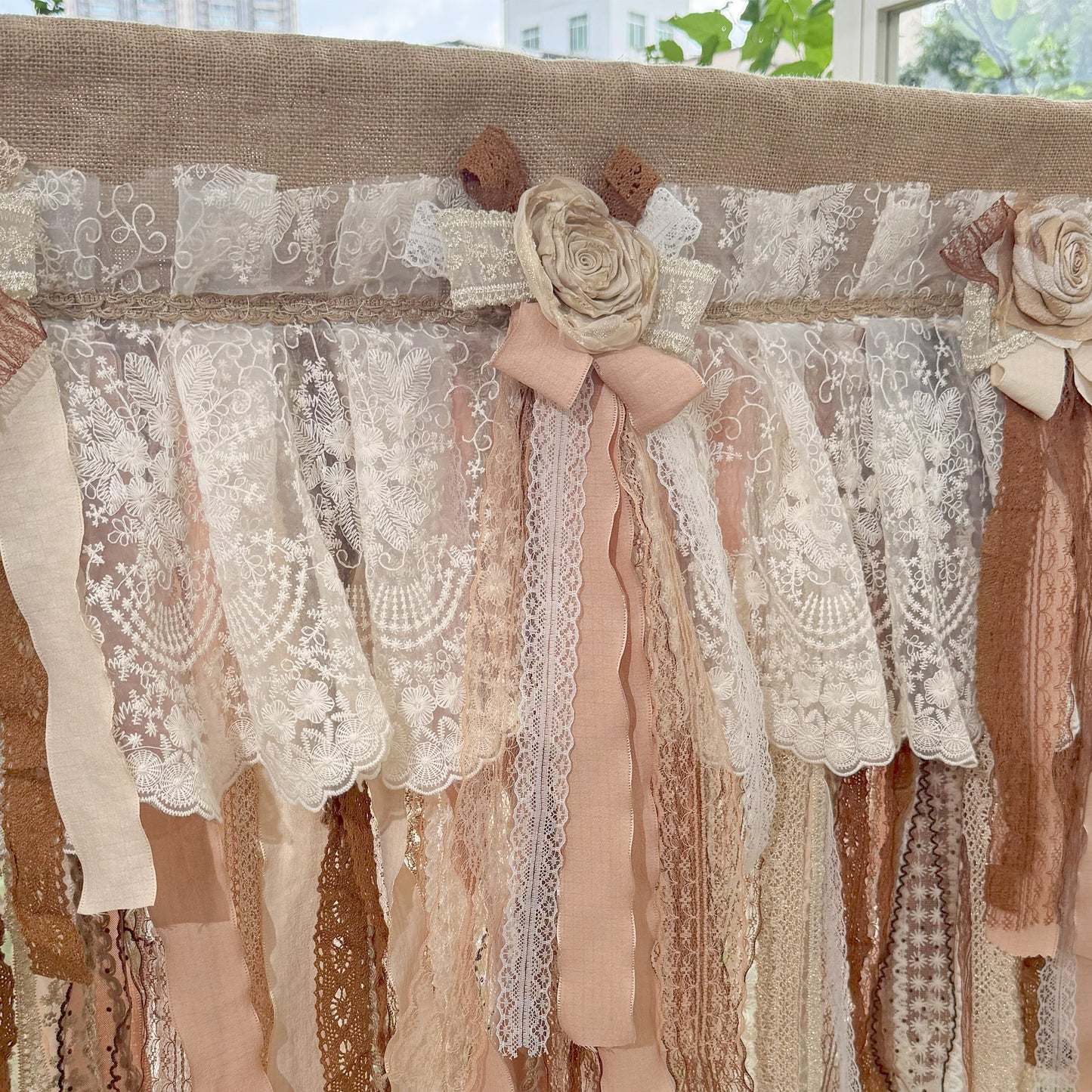 Custom Rustic Unique Burlap Beige Brown Lace Bedroom Curtains Valance