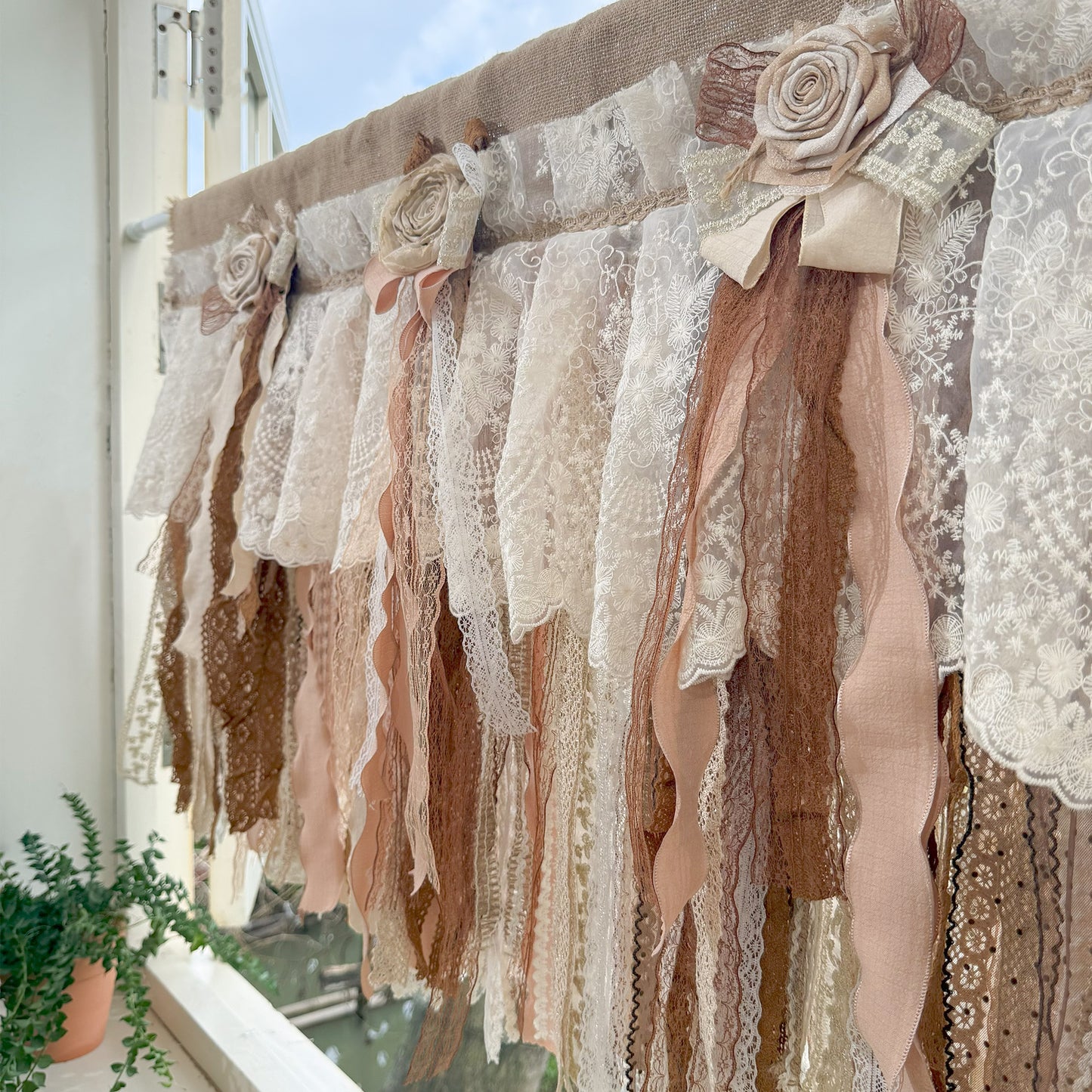 Custom Rustic Unique Burlap Beige Brown Lace Bedroom Curtains Valance