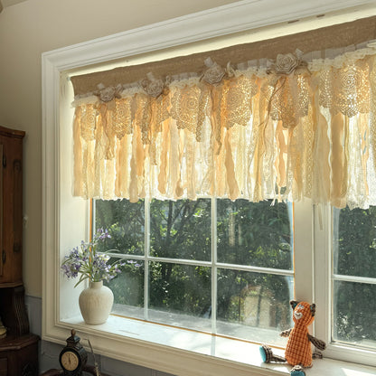 Rustic Burlap Beige Brown Lace Valance