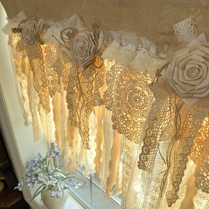 Rustic Burlap Beige Brown Lace Valance