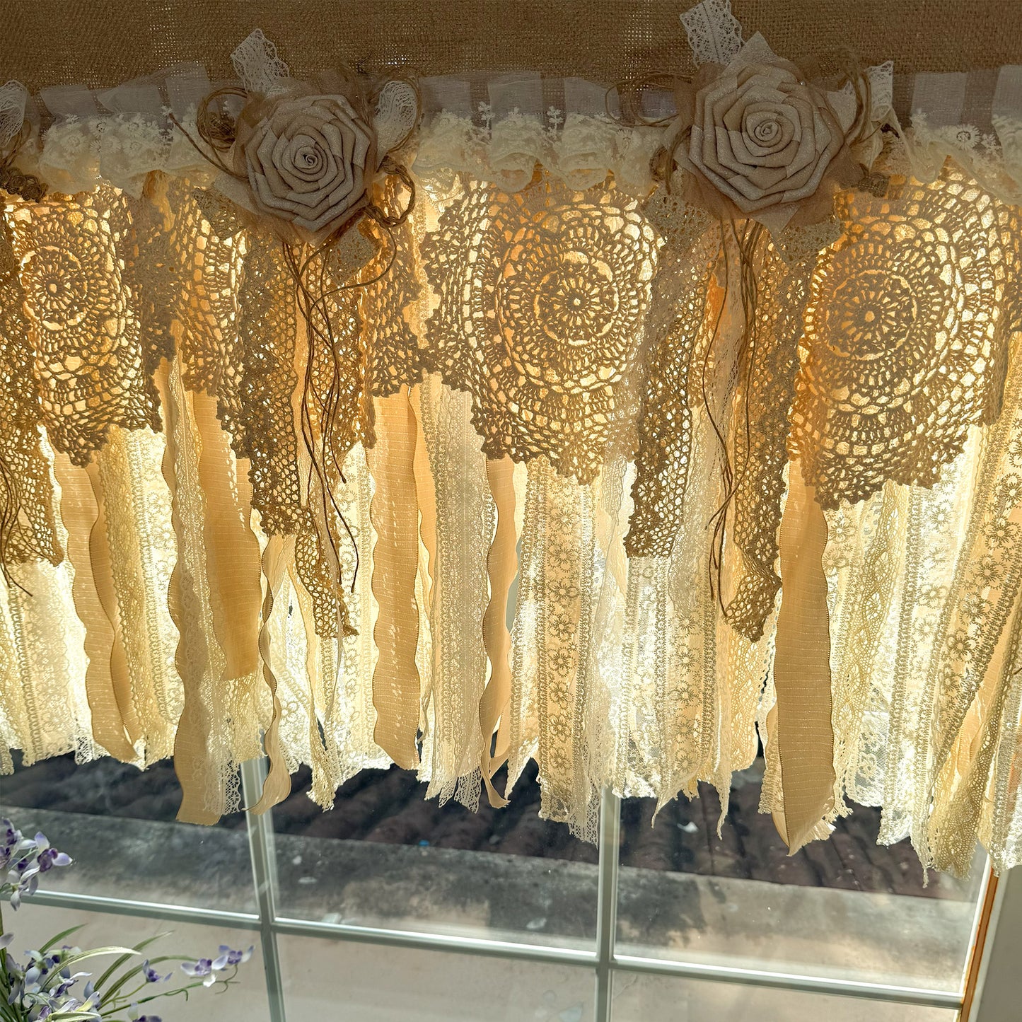 Rustic Burlap Beige Brown Lace Valance