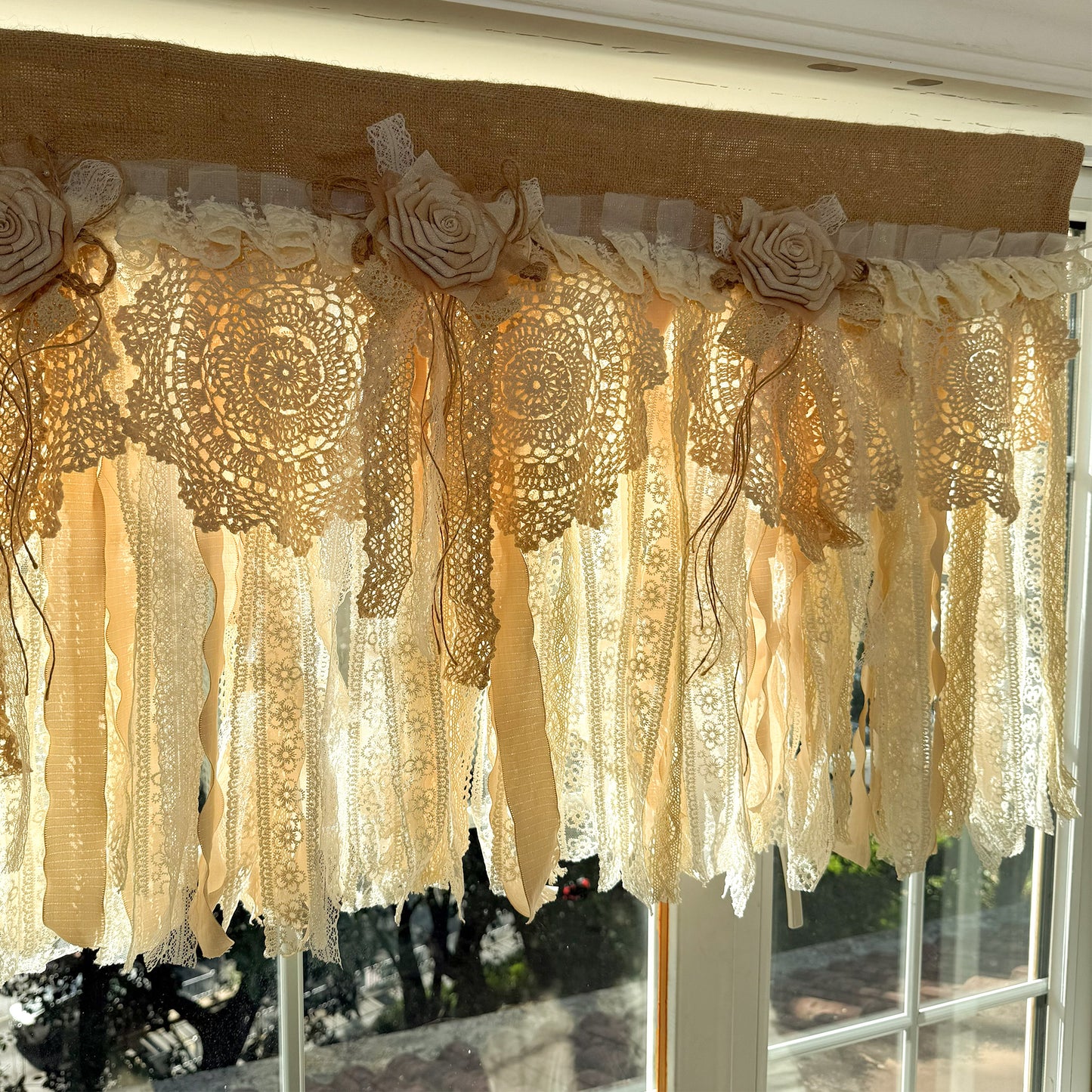 Rustic Burlap Beige Brown Lace Valance