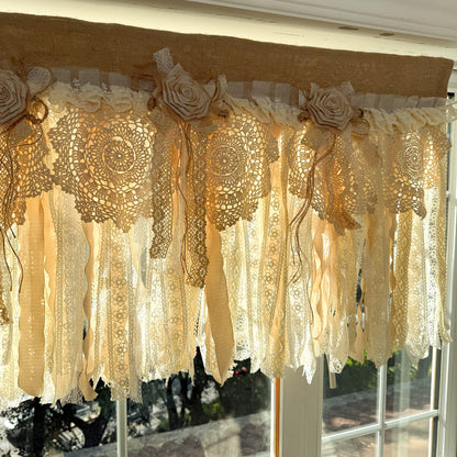 Rustic Burlap Beige Brown Lace Valance