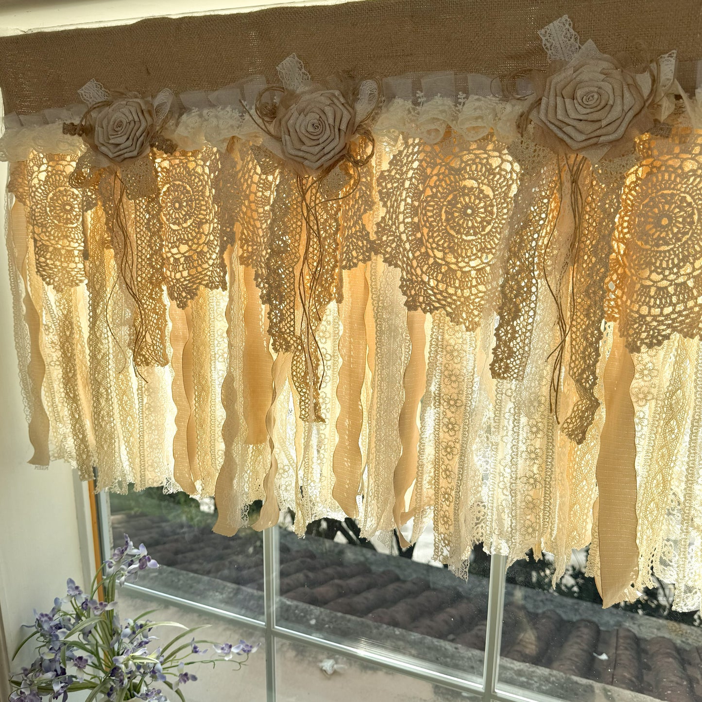 Rustic Burlap Beige Brown Lace Valance
