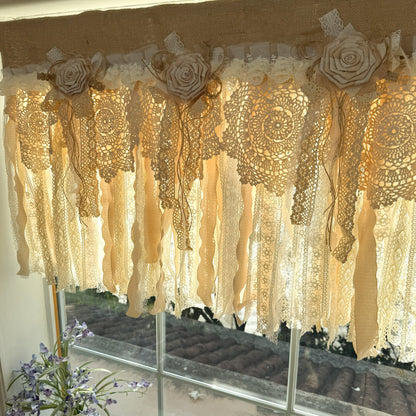 Rustic Burlap Beige Brown Lace Valance