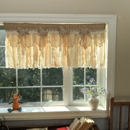 Rustic Burlap Beige Brown Lace Valance