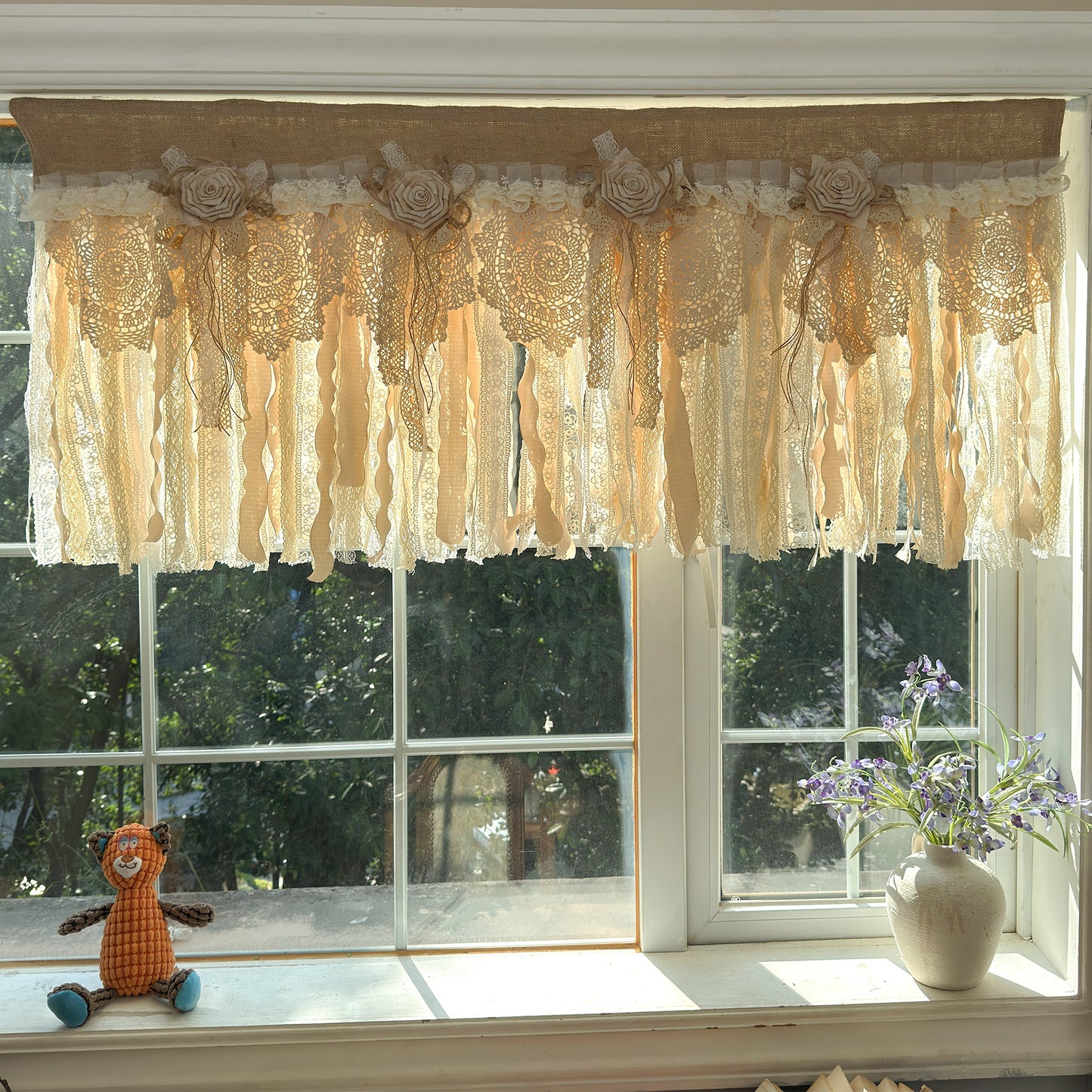 Rustic Burlap Beige Brown Lace Valance