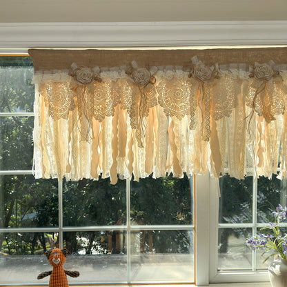 Rustic Burlap Beige Brown Lace Valance