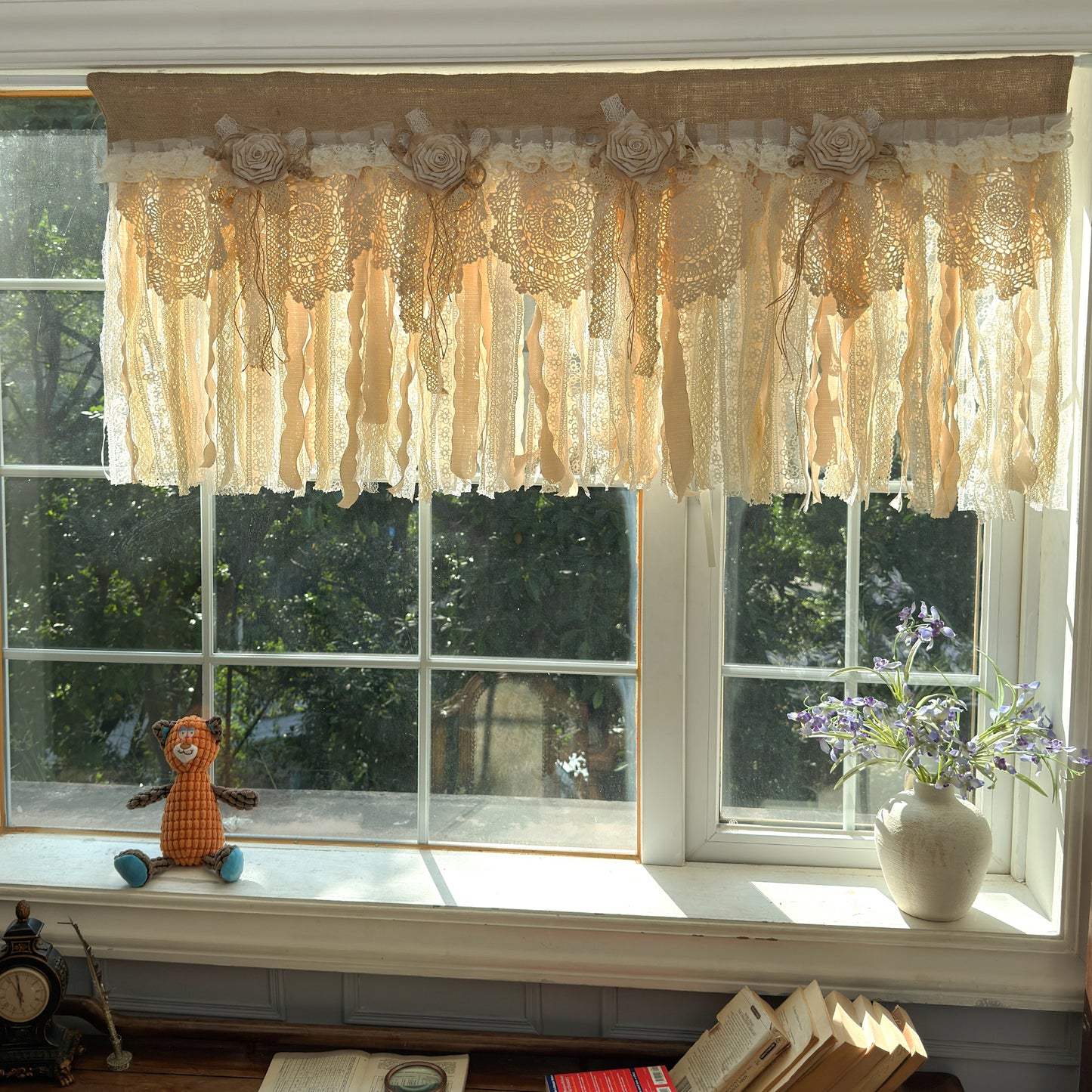 Rustic Burlap Beige Brown Lace Valance