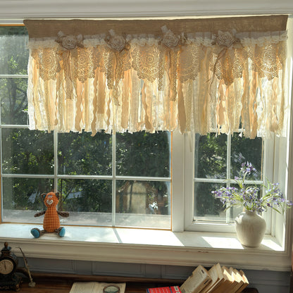 Rustic Burlap Beige Brown Lace Valance