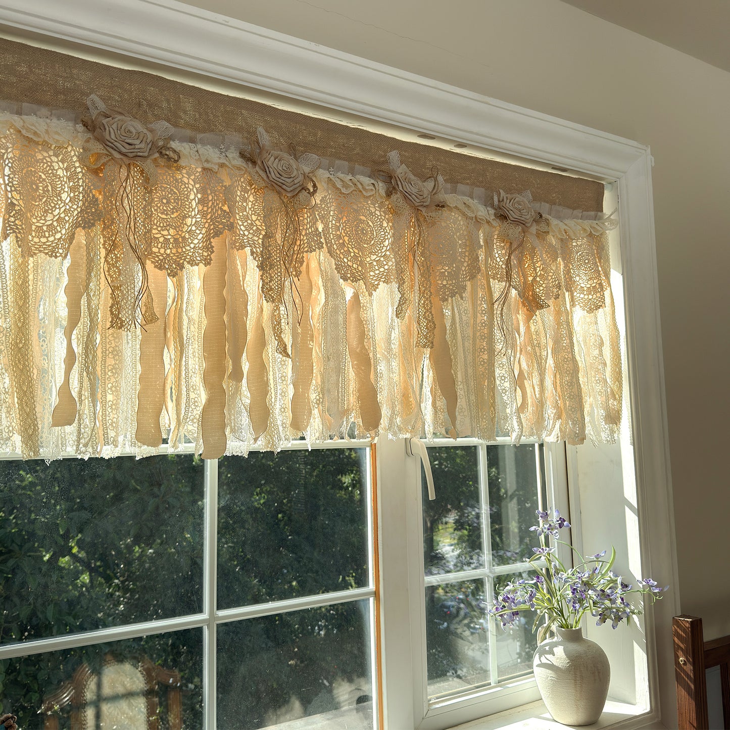 Rustic Burlap Beige Brown Lace Valance
