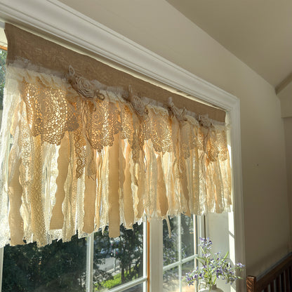 Rustic Burlap Beige Brown Lace Valance
