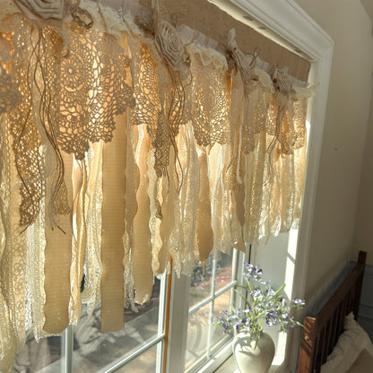 Rustic Burlap Beige Brown Lace Valance
