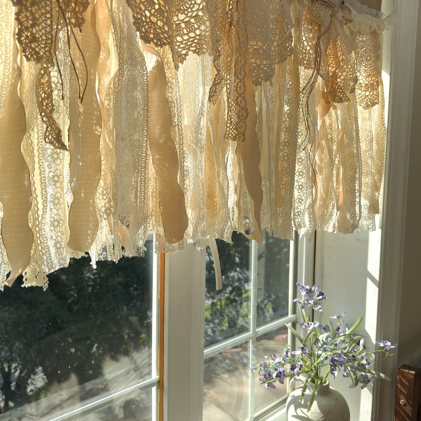 Rustic Burlap Beige Brown Lace Valance