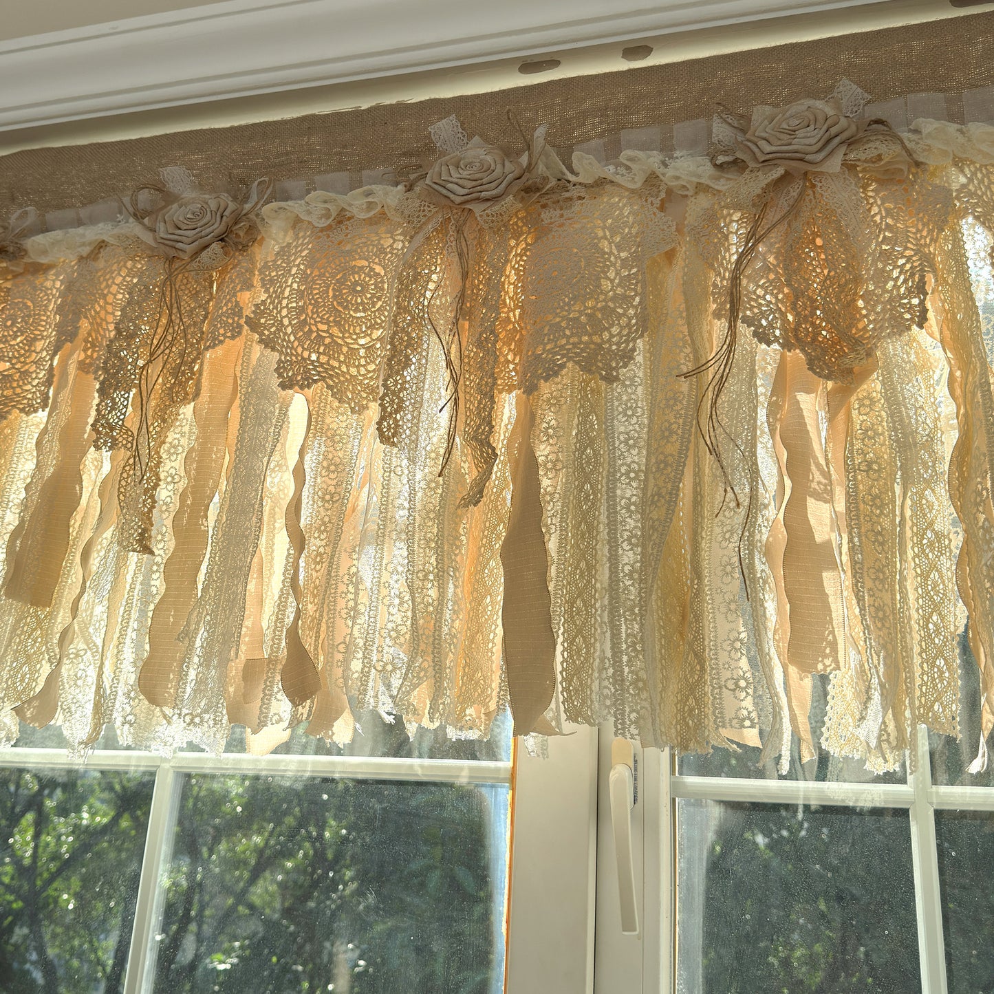Rustic Burlap Beige Brown Lace Valance